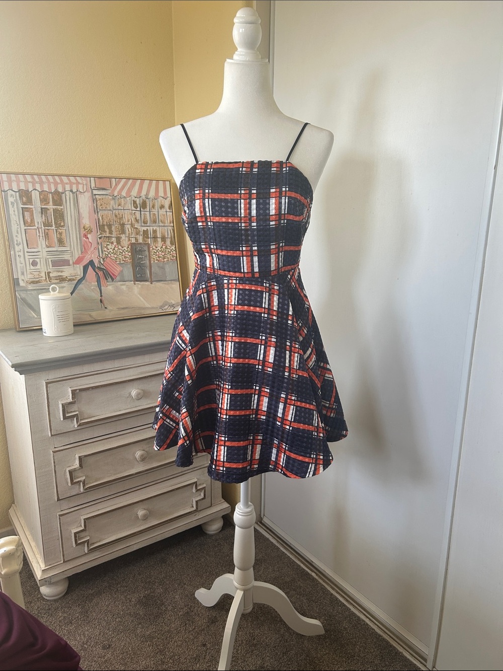 Plaid Spaghetti-Strap Fit & Flare Dress in Navy and Red